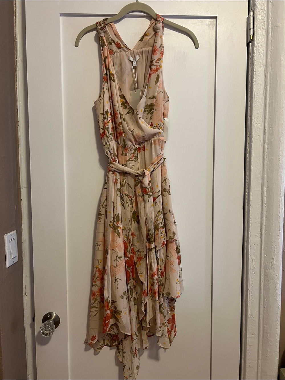 Joie Cream Floral High-Low Wrap Dress with Peach and Green Accents